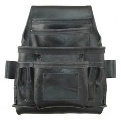 10-Pocket Black Rugged Top Grain Leather Tool Pouch w/2 Hammer Holders by Graintex