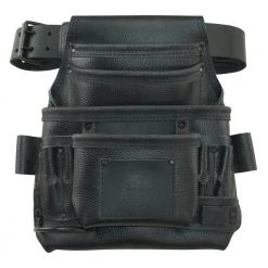 10-Pocket Black Rugged Top Grain Leather Tool Pouch with 2 in. Belt by Graintex