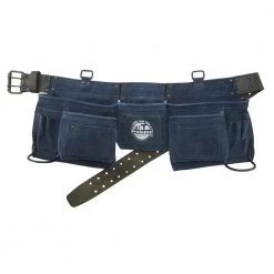 11-Pocket Suede Leather Tool Apron in Navy Blue with 2 Hammer Holders and Suspender Hooks by Graintex